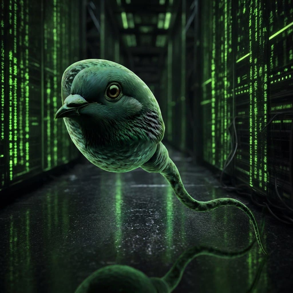 A dark green data corridor made of streaming code.